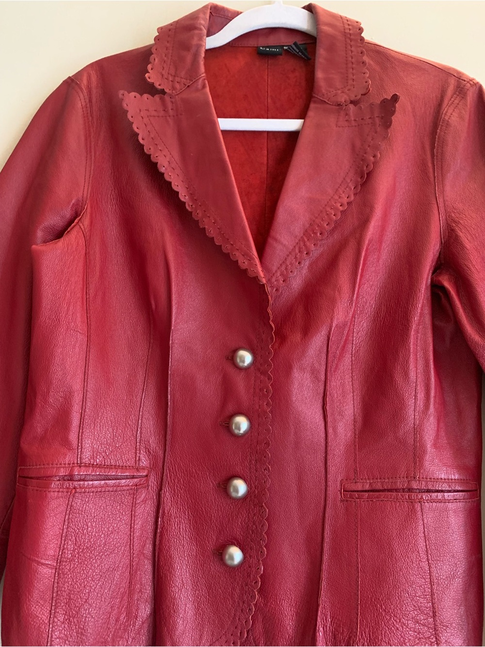 Cami NYC Red Scalloped-Trim Leather Button Jacket Women Size 12 Vintage - Picture 2 of 4
